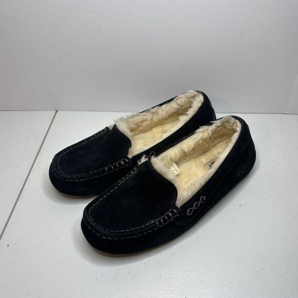 UGG Ansley Suede Black Slide On Fur Slippers Womens Comfort - Picture 2 of 8